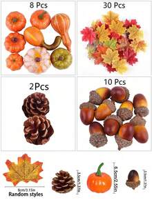 50pcs Artificial Harvest Pumpkin Set, Thanksgiving Autumn Home Decor, Includes Faux Pumpkins, Gourds, Acorns And Maple Leaves, Suitable For Harvest Thanksgiving Decoration, Autumn Home Farmhouse Style Decor, Autumn Wedding Table Centerpiece Decoration - 50p Set - View 7