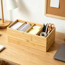 4 Grid Bamboo Desktop Storage Caddy, Two Styles Sloped & Flat Divided Bamboo Organizer Box, Space Saving Desk Storage Holder For Pens Stationery Remote Controller Office Supplies Bedroom Sundries Sorting Container - Khaki - View 2