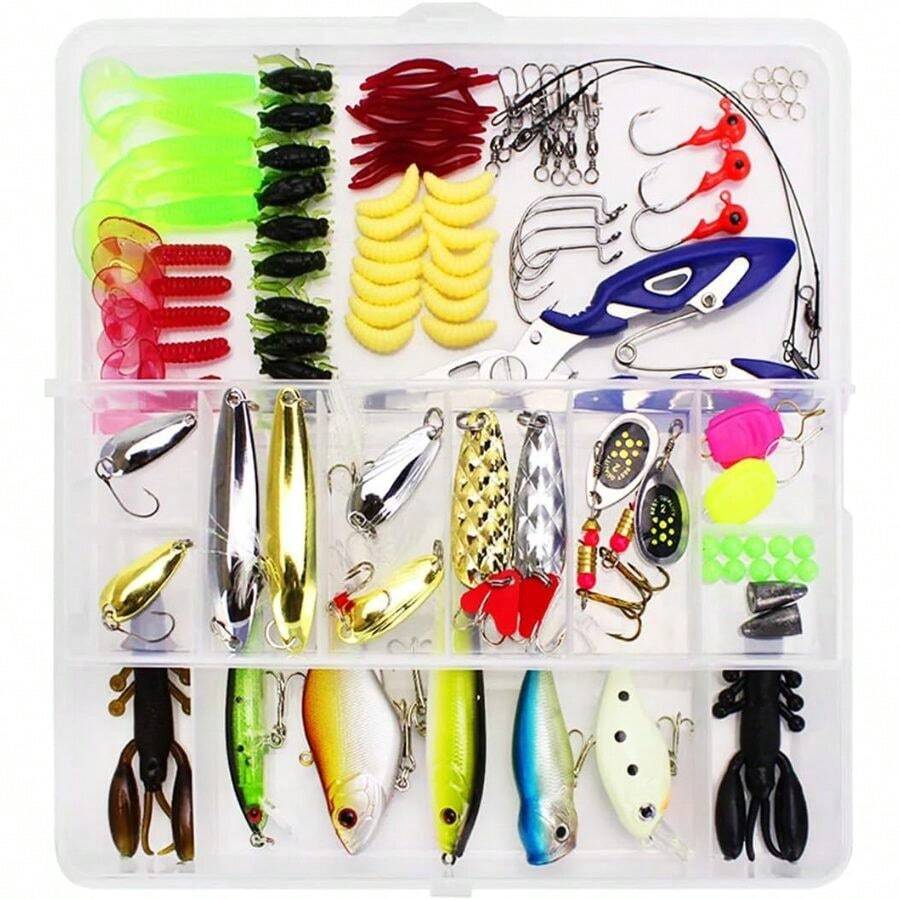 Kit de Señuelos de Pesca, 101 Piezas Cebo Duro Artificial con Ganchos Gusanos Larvas Bichos Sábalos Gusanos de Cola y Cajas, Cebo de Agua Dulce para Lubina, Accesorios de Pesca para el mar - Multicolor - Ver 1