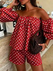 Women's Spring/Summer Black & White Polka Dot Off-Shoulder Lantern Sleeve Loose Top And Elastic Waist Shorts 2-Piece Set, Multi-Occasion Red Elegant - Red - View 6