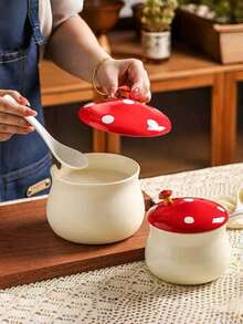 Pote de Tempero em Formato de Cogumelo com Tampa de Colher, Recipiente de Armazenamento de Pimenta em Pó com Colher, Pote de Especiarias para Cozinha Doméstica, Recipiente de Armazenamento de Banha com Tampa, Adequado para Casa, Restaurante, Café, Loja de Doces, Presente, Festa, Reunião - Vermelho - Visão 2