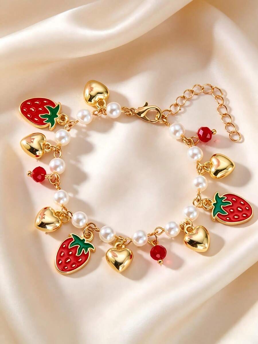 1pc Sweet Strawberry Faux Pearl Love Bracelet Forest Style Girl Heart Red Strawberry Pendant Bracelet, Unique Jewelry - Multicolor - View 1