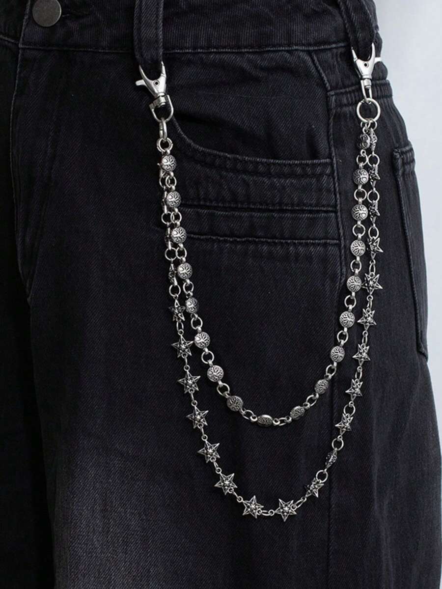 Rantai Celana Silang, Rantai Pinggang, Gantungan Lobster, Rantai Dompet, Rantai Vintage, Rantai Dua Lapis, Rantai Jeans Hip Hop Punk, Rantai Saku - Perak Kuno - View 1