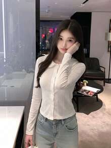 Cardigan Lengan Panjang Kerah Peter Pan Putih Gaya Korea untuk Wanita, Atasan Dalaman Musim Semi dan Gugur dengan Desain Kerah Lipat, Potongan Ramping. - Putih - View 5
