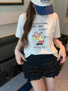 大尺碼女款休閒極簡短袖上衣，印有卡通角色圖案，時尚百搭白色夏季款 - 白色 - 查看 9