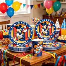 Sports Baseball Mouse Cartoon Birthday Party Supplies Kit, Disposable Paper Plates Paper Cups, Sport Team Themed Table Decor Set, Blue Red Athletic Mouse Party Tableware - Multicolor - View 2