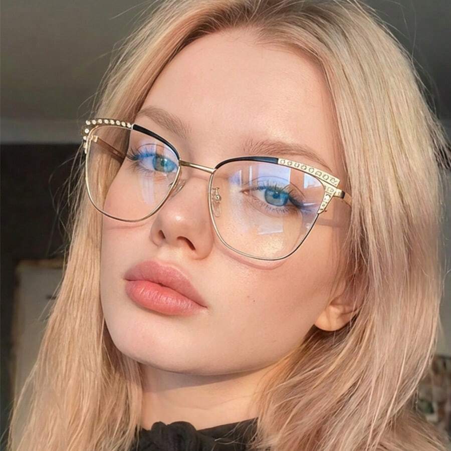 2pcs Women's New Cat Eye Fashion Glasses, Inlaid With Sparkling Rhinestone Decorated Frame, Solid Color Design, Hollow Metal Frame, Fashion Accessory - Transparent white blue light - View 1