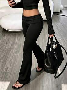 Legging Flare Warna Polos Serbaguna Kasual Olahraga Ukuran Plus Wanita - Hitam pekat - View 2