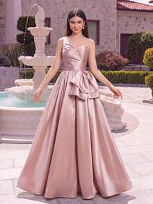 Alisa&Leo Satin Formal Dress For Teenage Girls - One Shoulder Design, Front Pleats, Waist Bow And Back Tie - Flowing Long Skirt - Suitable For Prom, Birthday Party, Wedding And Formal Events - Champagne - View 5