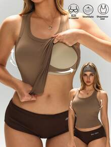 1 Peça Regata Esportiva de Costas Abertas Primavera/Verão, 2 em 1 com Bojos Embutidos, Alta Elasticidade, Modeladora, Top Camisete para Yoga, Fitness, Corrida e Uso Externo - Caqui - Visão 3