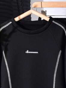 Vihyde Tween Boys Autumn/Winter Black Contrast Stitch Raglan Cool Colorblock Line Crew Neck Sweatshirt & Wide Leg Sweatpants 2 Pieces Set - Black - View 7