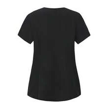 Solid Color Short Sleeve Top And Pants Scrub Uniform Matte Set, Women's Notch V-Neck Short Sleeve Scrub Top And Drawstring Pants Set, Basic Scrub Uniform - Black - View 5