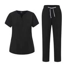 Solid Color Short Sleeve Top And Pants Scrub Uniform Matte Set, Women's Notch V-Neck Short Sleeve Scrub Top And Drawstring Pants Set, Basic Scrub Uniform - Black - View 9