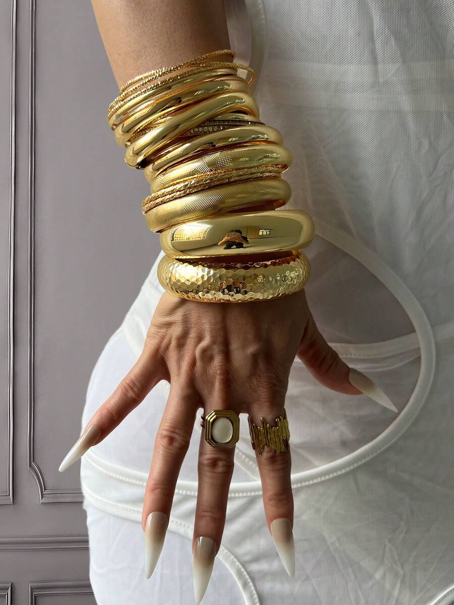 16/15/12/3/1pc Women's Wide Gold Cuff Bracelet Set, Thick Cuff Bracelet, Great Gift - Yellow Gold - View 1