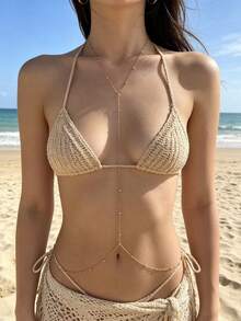 1pc Summer Beach Vacation Sexy Chest Chain European & American Fashion Bikini Rhinestone Body Chain - Rhinestones - View 3