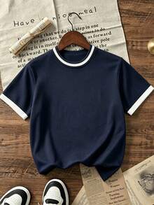 Children's Preppy Navy Blue Knit Short Sleeve Top, Striped Ribbed Collar And Cuffs With Contrast Trim, Solid Color Casual Everyday Sweater T-Shirt - Navy Blue - View 3