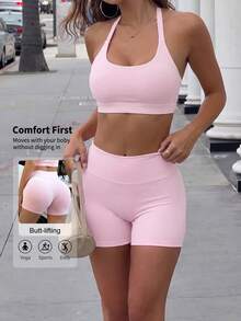 Women's Casual Sports 2 Pieces Set, Halter Neck Tie Back Open Back Cropped Tank Top, High Waist Tight Shorts, Suitable For Yoga, Fitness, Daily Wear - Pink - View 3