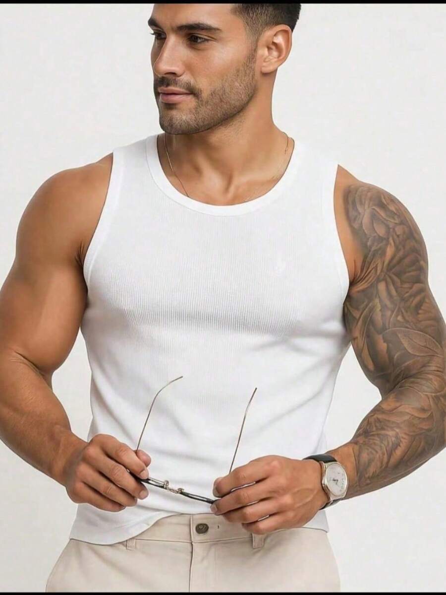 Men's Ribbed Slim Fit Tank Top, American Style, Gym/Fitness - Blanco - Ver 1