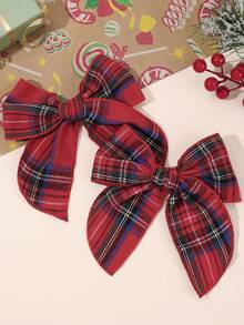 2 piezas Pinza de lazo para el cabello con tela de rejilla, pinzas de cocodrilo a cuadros rojo y azul, elegantes y lindas barretas para uso diario, festival y todas las estaciones, accesorios para el cabello de niños - Multicolor - Ver 1