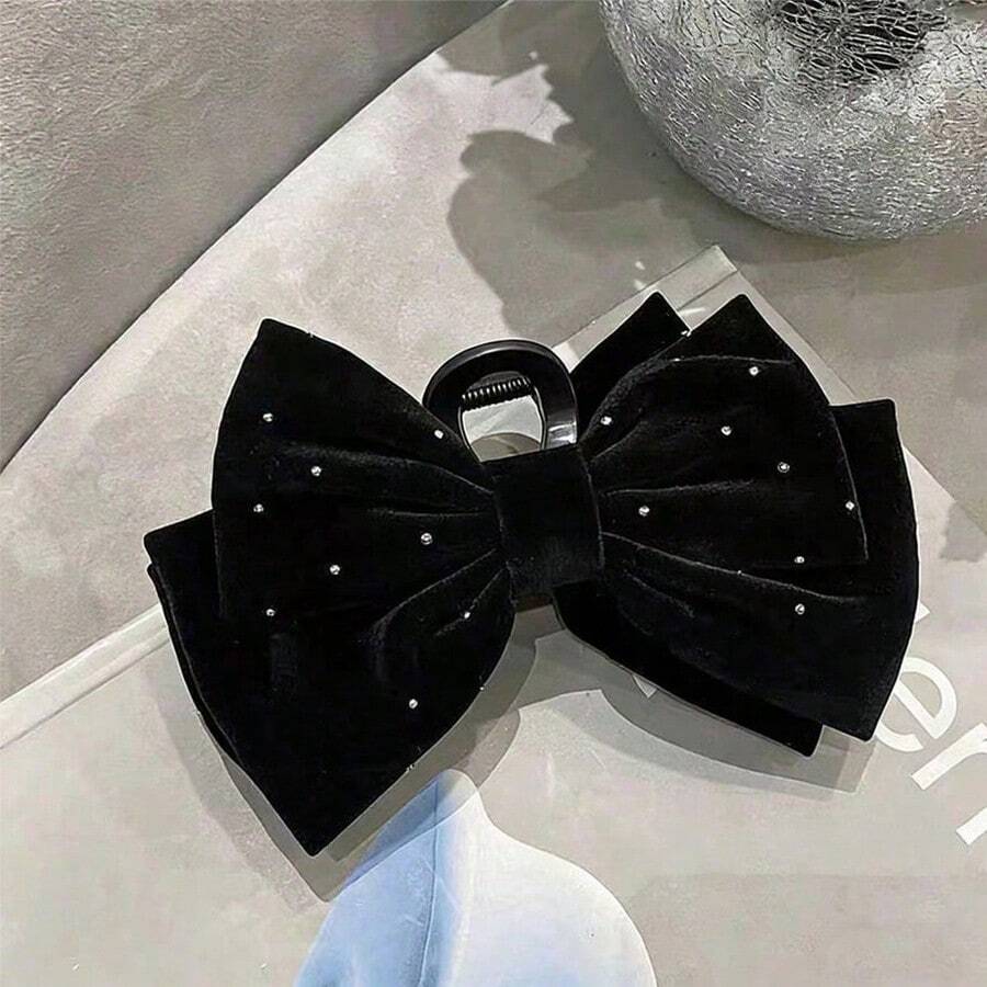 Velvet Bow Princess Claw Clip, Large Hair Claw Hair Accessory With Elegant Design - Black - View 1