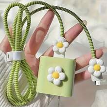 1pc Flower Themed Protector Set, Compatible With 18W/20W Apple Chargers, Green Charger Case, & Cable Winding Protector - Multicolor - View 6