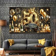 1pc Luxury 50th Birthday Celebration Banner, Durable Polyester, Gold And Black Theme With Fireworks And Champagne Design, Perfect For Party, Home And Garden - Multicolor - View 6