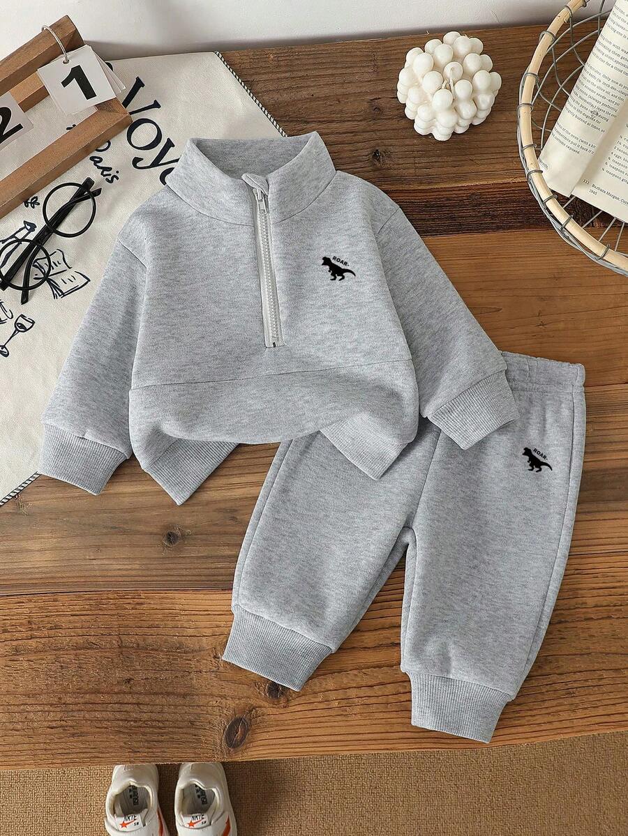 Infant Cartoon Pattern Warm High Neck Sweatshirt Jacket And Sweatpants - Grey - View 1