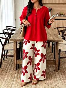 Plus Size Women Casual Loose 2pcs Set Button Solid Color 3/4 Sleeve Top & Printed Wide Leg Pants Red Elegant - Red - View 5