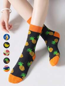 1/5/10 Pairs Women's Mid-Calf Socks, Fun Pineapple Cartoon Unisex Sports Style Long Socks, Crazy Happy Socks - Multicolor - View 1