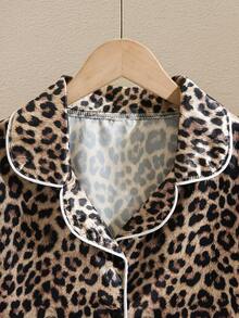Tween Girl Cute Leopard Print Lapel Long Sleeve Long Pants Pajama Set, Toddler Loungewear Set - Multicolor - View 4