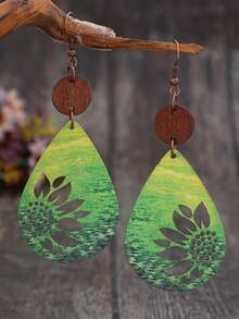 1 Pair Vintage Creative Gradient Colorful Hollow Sunflower Flower Water Drop Patchwork Wooden Earrings - Teardrop Shape - View 10