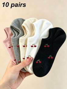1/5/10 Pares de Meias Invisíveis Femininas com Coração & Cereja em Cor Sólida, Meias Doces, Respiráveis e Confortáveis, Adequadas para Uso Diário, Esportes, Casa, Todas as Estações - Multicolorido - Visão 8