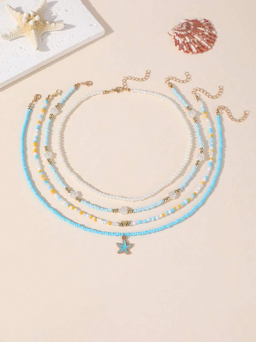 4pcs/Set Girls Rice Bead Pearl Heart & Starfish Necklace Set, Suitable For Daily Decoration - Baby Blue - View 1
