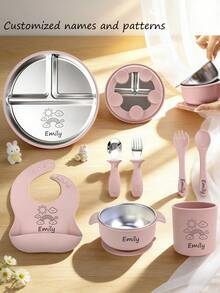 8pcs Baby Led Weaning Stainless Steel Tableware Set, Plates, Bowls, Stainless Steel Forks Spoons, Bibs, Customizable With Names And Patterns - Multicolor - View 1