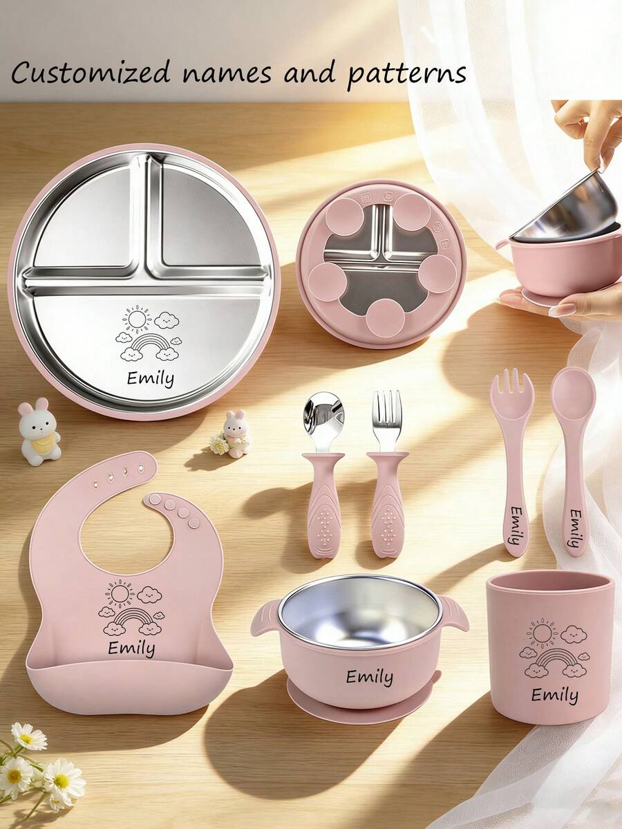 8pcs Baby Led Weaning Stainless Steel Tableware Set, Plates, Bowls, Stainless Steel Forks Spoons, Bibs, Customizable With Names And Patterns - Multicolor - View 1