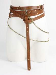 1PC Multi Layer Leather Waist Harness Belt With Metal Chains, Vintage Rivet Punk Body Belt Gothic Layered Waist Strap For Women Cosplay Outfits - Multicolor - View 9