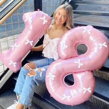 1 Pc 32-Inch Pearlescent Pink Number Foil Balloon & 5 Pcs White Bow Combination Set, Suitable For Wedding, Birthday, Anniversary, Graduation, Valentine's Day, Christmas Party Decoration - Pink - View 2