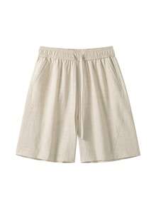 Men's Minimalist Solid Color Casual Shorts, Linen Style, Daily Commute, Versatile - Apricot - View 2