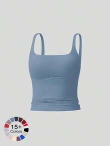 Camiseta deportiva sin mangas para mujer de color sólido, casual, cómoda y transpirable, ideal para yoga, gimnasio, entrenamiento y correr; ropa deportiva para todas las estaciones; chaleco con cintura. - Azul pastel - Ver 1