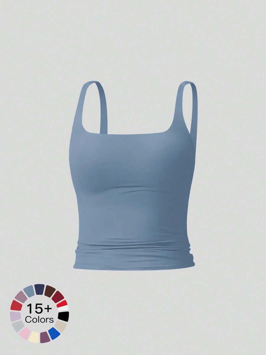 Camiseta deportiva sin mangas para mujer de color sólido, casual, cómoda y transpirable, ideal para yoga, gimnasio, entrenamiento y correr; ropa deportiva para todas las estaciones; chaleco con cintura. - Azul pastel - Ver 1