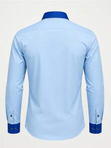 Men's Contrast Pocket Single-Breasted Long Sleeve Formal Shirt - Baby Blue - View 2