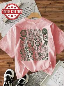 [Doppelseitiger Druck] Lässiges Sommer-Top für Damen, frischer Stil, Blumen-, Blätter- und Pflanzendruck, kurzärmeliges T-Shirt aus reiner Baumwolle, Kleidung T-Shirts für Männer und Frauen. - Rosa - Übersicht 2