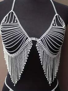 Luxury Sexy Rhinestone Body Chain Bra Accessory Crystal Tassel Dress Body Jewelry For Women Party Nightclub Dress - Silver - View 3