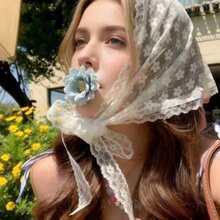 1pc Fashion Bohemian Floral Lace Trim Triangle Bandana Hair Scarf - White - View 5