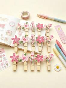 10pcs Decorative Wooden Clips, Rosewood Finish With Pink Floral Pattern, Suitable For Socks, Underwear, Small Items Storage, Clothes Clips, Artworks, Notes, Photos, Office And Home Decor - 1 Set - View 1
