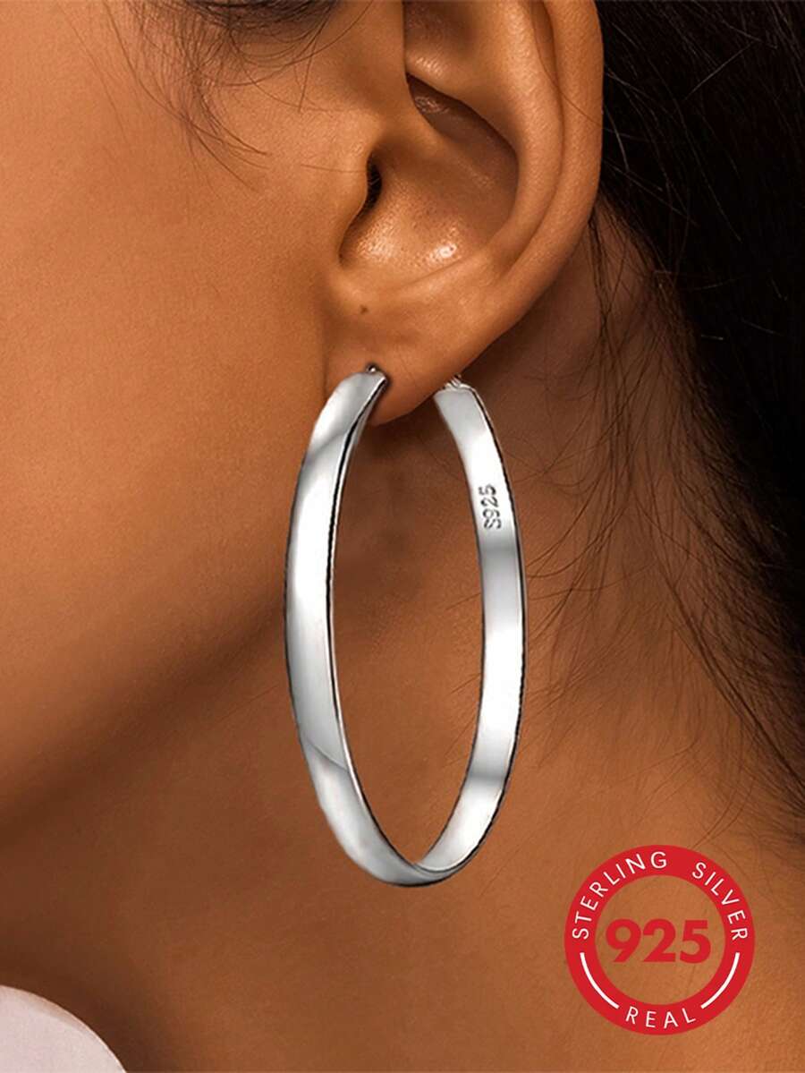 1pc Elegant, Luxurious, Sweet, Minimalist, Versatile, High-End 925 Sterling Silver Hoop Earrings, Suitable For Daily Wear, Vacation, Party, Date, Holidays And As A Gift - Silver - View 1