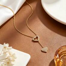 1pc Women's Stainless Steel European American Ins Style Double Layer Double Heart Full Rhinestone Necklace, 18K Gold Plated Titanium Steel Hollow Heart Studded Collarbone Chain, Dating Gift Accessory - Multicolor - View 4