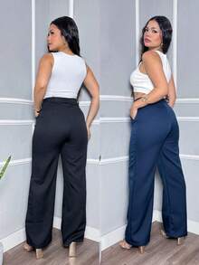 Kit Of 2 Women's Tailored Wide Leg High-Waisted Straight-Leg Trousers, Elegant Office Casual Pants With Pockets - 黑色和海軍藍套裝 - 查看 2