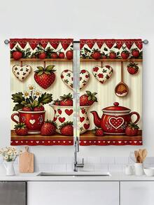 2pcs Set Country Farmhouse Style Kitchen Curtains, Strawberry Print Short Curtains, No Hole Design, Suitable For Bedroom, Office, Kitchen, Living Room, Study Home Decor - Multicolor - View 4