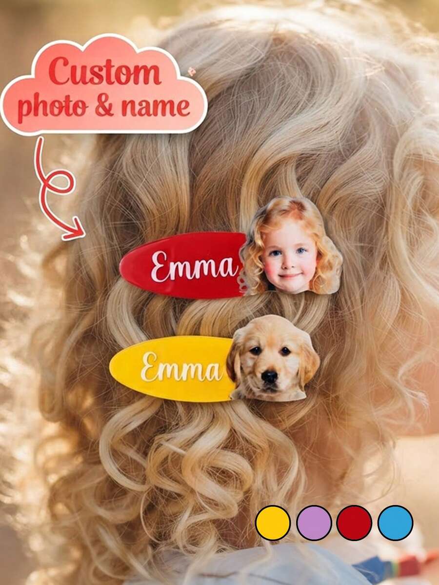 Custom Photo & Name Hair Clips, Personalized Pet Portrait Barrette, Multi Color Custom Text Hair Clips Cute Girls Daily Hair Accessories - Multicolor - View 1